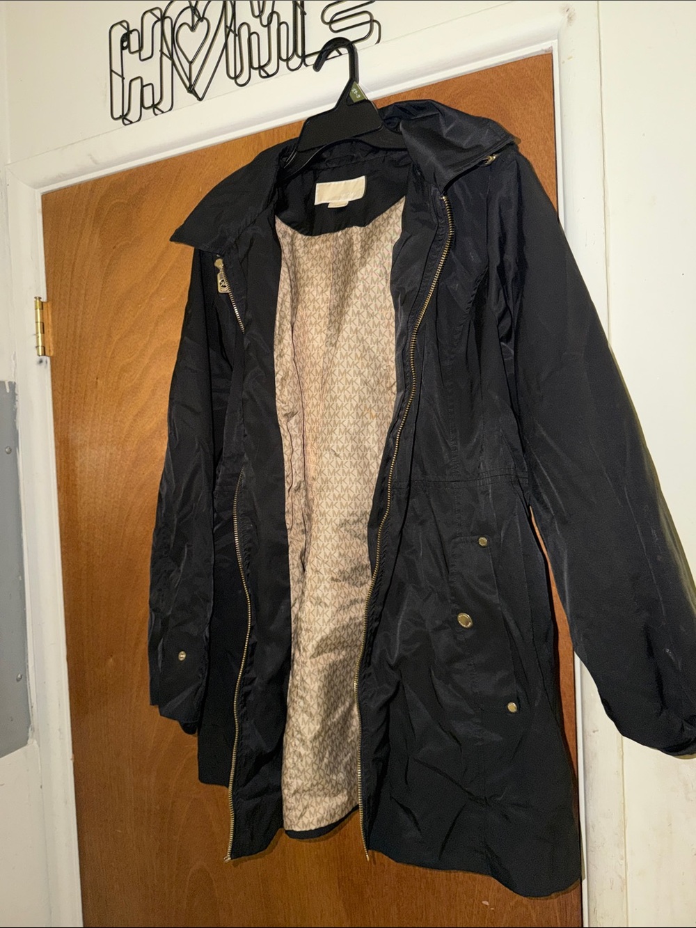 Michael Kors Black Hooded Trench Coat with Gold Hardware